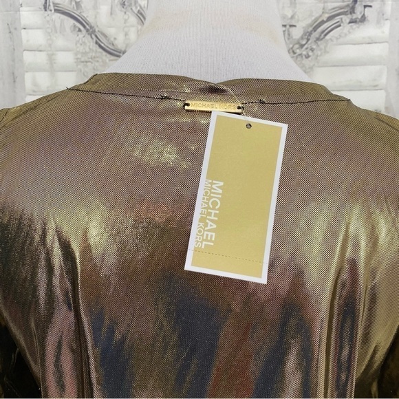 Michael Kors Gold Black Long Sleeve Cold Shoulder Shirt Long Sleeve Blouse Foil - Picture 7 of 12